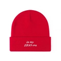 Close-up of red knit beanie featuring white 'in my ERAS era' embroidery on the cuff - One Size / Red