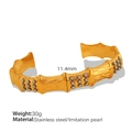 Bamboo style C-shape golden stainless steel bangle with grey faux pearls for women - Gold Bar With Gray Pearl