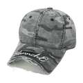 Close-up of distressed grey camo baseball cap featuring white Blanch E embroidery - M (56-58cm) / Camouflage