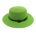 Detail of green straw hat with fine woven texture and decorative black band with buckle - M (56-58cm) / Fruit Green