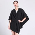 Fashionable dark grey knit poncho shawl with elegant wrap front knot for women - One Size / Black