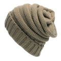 Close-up of brown chunky knit beanie showing detailed wave texture and warm yarn fabric - One Size / Khaki