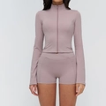 Women's dusty mauve yoga set featuring a stand collar zip jacket and slim fitness shorts - S / Top And Bottom / Jacket + Shorts / Smoky Purple