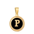 18K gold plated round pendant featuring a black enamel center and golden letter P - Letter P