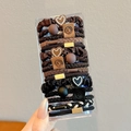Elastic hair ties set in black, brown and beige with heart and smiley bead charms - 15 Piece Set / Maple Brown