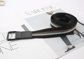 Detail of striped canvas belt with double D-ring buckle on fashion magazine - Black White Blue Tan Striped (Black Buckle)