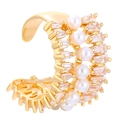 Macro detail of gold ear cuff featuring embedded pearls and baguette-cut zircons - Copper / Zirconia / Faux Pearl / Pearl and Baguette Zircon Style / KC Gold