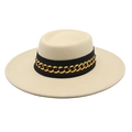 Beige wool felt fedora hat with wide brim and decorative gold chain link band - 57-59cm / Beige