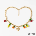 Gold chain necklace with colorful strawberry and cherry fruit charms in heart layout - Gold Necklace (KB1758)