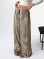 Detail of high-waisted wide-leg knit trousers with brown and white stripes and drawstring waist - Brown White Striped