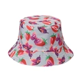 Detail shot of light grey sun hat with vibrant red strawberry and purple butterfly patterns - Strawberry Butterfly Print (1)