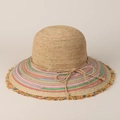 Handmade raffia sun hat with rainbow fringed wide brim for women summer beach travel - M (56-58cm) / Colorful