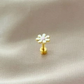 Daisy flower labret earring with white petals, pink core, and gold finish back - White