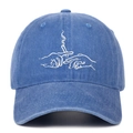 Detail of washed blue cotton baseball cap with white cigarette embroidery on the front - Light Blue