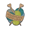 Cartoon enamel cat yarn ball brooch with 'Handmade with Love' banner in blue and green - Heart Knitting Needles