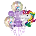 Set di palloncini unicorno arcobaleno con stella viola e paillettes su sfondo bianco - Set di palloncini unicorno colorato medio