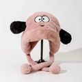 Detail of pink plush earflap hat with cartoon puppy eyes and black fuzzy ears - Pink