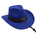 Close-up of royal blue felt cowboy hat with bronze sunburst buckle and golden rivets - One Size / Sapphire Blue