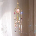 Golden crystal suncatcher with pink raw quartz, fairy motif and rainbow prism beads - 58cm / Pink Gold