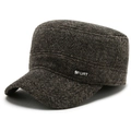 Dark grey herringbone tweed winter flat cap for men with ear protection and sport emblem - Sport Label / Coffee
