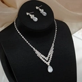 Elegant zircon bridal jewelry set featuring a V-shaped necklace and teardrop earrings - GS017 Double Row V Set / Silver