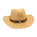 Beige woven straw cowboy hat with turquoise accent and brown leather band - Wood Beads & Turquoise Decor / Beige