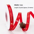 Red Christmas ribbon with gold Merry Christmas text and bells, 1cm wide and 25 yards long - 1.0cm Red Merry Christmas Ribbon with Bells 25 Yards