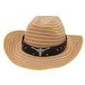 Chapeau de cowboy Panama coloré avec rayures violettes jaunes et tête de taureau - Taille unique / Jaune Violet + Corde à Vent [Cuir Noir Taureau Blanc]
