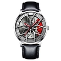 Racing wheel hub watch with silver steel case, red brake caliper and black leather strap - Silver Case Red Caliper - Black Leather Strap