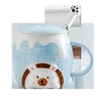Blue ceramic igloo mug with 3D hedgehog and matching lid and paw-print spoon - Blue Cup + Lid + Silicone Spoon