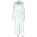 Detail of elegant white V-neck pleated maxi dress with a flattering slim fit design - S / White