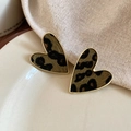 Detailed close-up of heart-shaped leopard print earrings with gold metal edges - 17# Heart Leopard Flocking Studs (Silver Pin-Gold-Green-Heart)