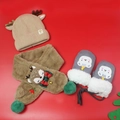 Winter set with beige reindeer hat, plush scarf with bells, and grey bear mittens - Khaki 3-Piece Set (No Box)