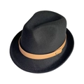 Detail of black wool felt fedora featuring a brown leather band and gold metal rivet - M(56-58cm) / Black
