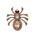Golden spider brooch featuring champagne crystals and red gemstone eyes for women - Champagne (A029-B)