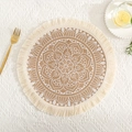 Detail of round jute placemat with white mandala lace embroidery and fringe trim - White Tassel Pattern 2
