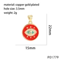 Detail eines vergoldeten Evil Eye Anhängers mit Zirkon und Maßen von 22x15mm - P01779-Rot Blau Mehrfarbig