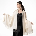 Luxury cream white jacquard shawl for women with soft fringe detail on a black dress - Beige Jacquard (T003-78)