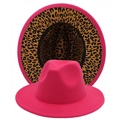 Hot pink wide brim fedora hat with leopard print lining and stylish minimalist design - M (56-58cm) / Rose Red (Leopard)