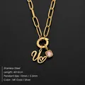 14K gold plated stainless steel necklace featuring letter U heart and pink zircon pendant - Letter U (XNL0097)