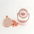 Rose gold baby pacifier set with crown pattern and sparkling rhinestones and chain - Transparent Rose Gold Crown