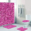 Juego de baño de 4 piezas con cortina de ducha de rosas rosas y alfombras antideslizantes - Juego de 3 Alfombras de Baño / Rosa Rosa
