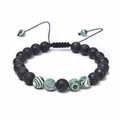 8mm lava stone beaded bracelet with green striped accents and adjustable cord - Black Lava Stone with Green White Striped Bead (款式-02)