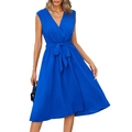 Elegante abito smanicato blu scuro con scollo a V e vita con cintura a fiocco - S / Blu