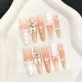 Handgefertigte Mandel-Kunstnägel mit 3D-Schleifen, Strass und rosa Karomuster - XS / Rosa und Weiß Karierter Schleifenbär Stil (235-Fine Pointy)