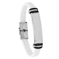 Herenarmband van wit gevlochten leer met zilveren roestvrijstalen plaat en zwarte ringen - Wit