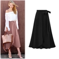 Women's high waist irregular split skirt with tie-side ribbon and wrap front design - S / Black
