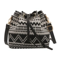 Ethnic geometric pattern bucket bag with black leather drawstring and adjustable strap - Black and White Geometric