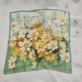 Square silk scarf with elegant yellow and white floral print on a green background - Floral And Herb-patterned Small Square Scarf/silk Scarf / 65
