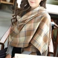 Plaid cashmere-like scarf with brown, beige, green, and red checks and fringed edges - Beige Plaid